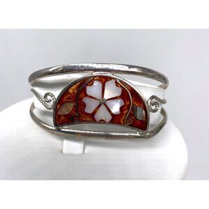 Vintage Alpaca Mexico Silver Tone Cuff Bracelet Mother Of Pearl Inlay Floral Des